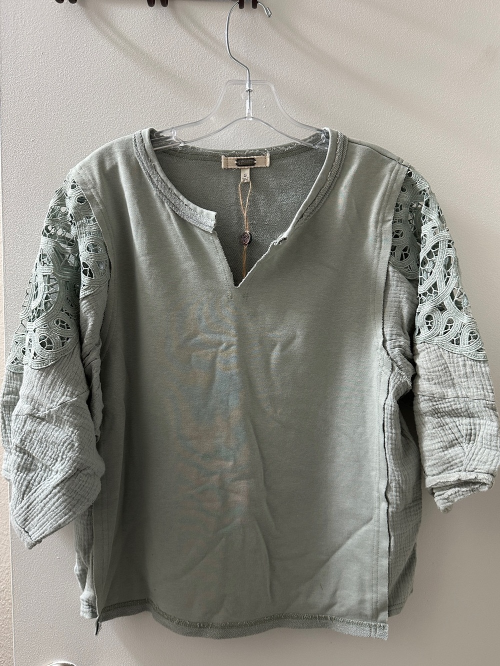 gimmicks by BKE Sage Green Lace-Sleeve Pullover
